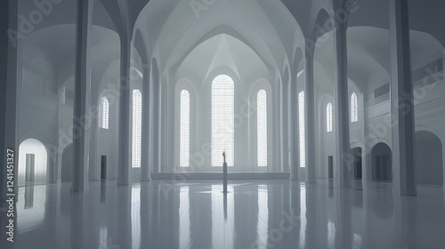 Serene minimalist cathedral interior; light floods tall windows, reflecting on polished floors.