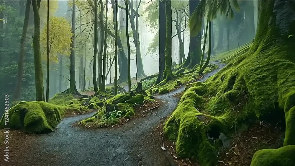 Jalur hijau di hutan dengan pohon-pohon tinggi dan sungai kecil yang mengalir