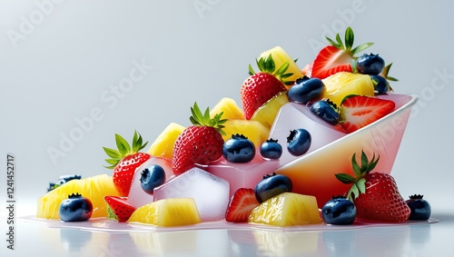 Fresh fruit ice with various kinds of fruits, with attractive colors and captivating the audience's taste. Make the aspect ratio 16:9, the background is white/plain, taken from the top/side angle. photo