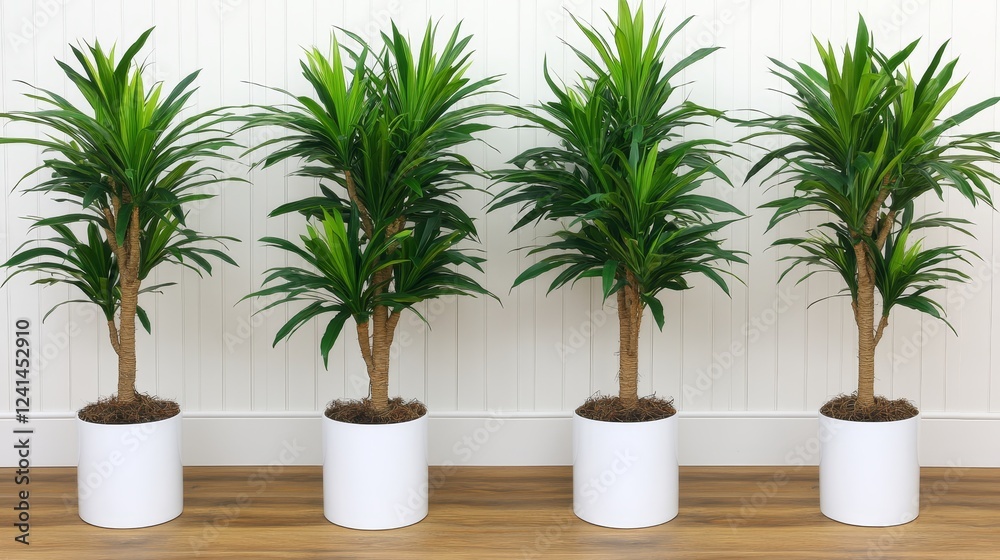 Quadruple Dracaena Marginata in White Pots Symmetrical Composition, Green Foliage, Minimalist Concept, Houseplants, Interior Decor Houseplant, Dracaena Quadruple Dracaena Marginata in White Pots Symmetrical Composition, Green Foliage, Minimalist Concept, Houseplants, Interior Decor Houseplant, Dracaena