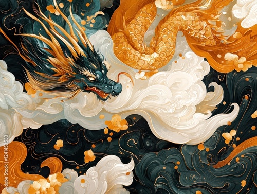 Majestic dragon soaring through clouds mythical realm digital art vibrant colors aerial view fantasy concept