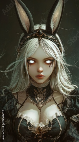 A captivating dark fantasy illustration of a woman with white eyes, bunny ears, and medieval attire, rendered in an anime-Caravaggism fusion. photo