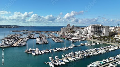 Aerial video of the port of Sant Antoni de Portmany, Ibiza.