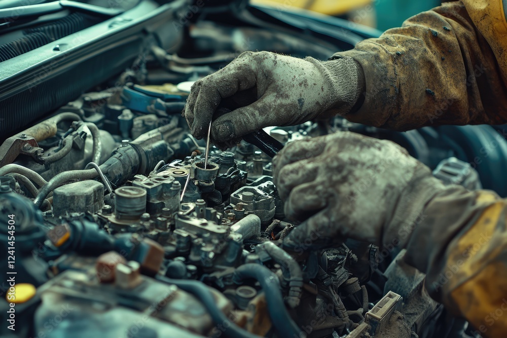 Close-up of gloved hands working on a car engine part. Close-up of gloved hands working on a car engine part.