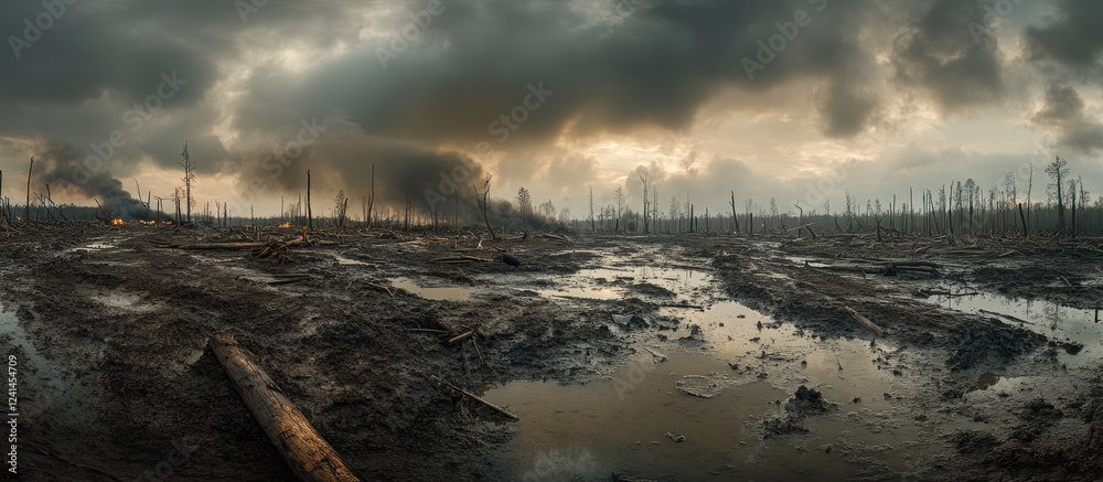 Obraz premium Desolation Muddy, charred landscape; smoke-filled sky; barren, burned trees.