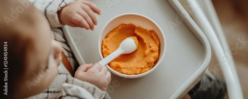 Close-up of child enjoying a spoonful of orange puree.