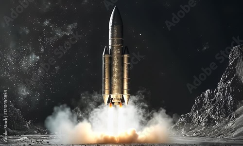 Rocket launching from moon, starry background, space exploration