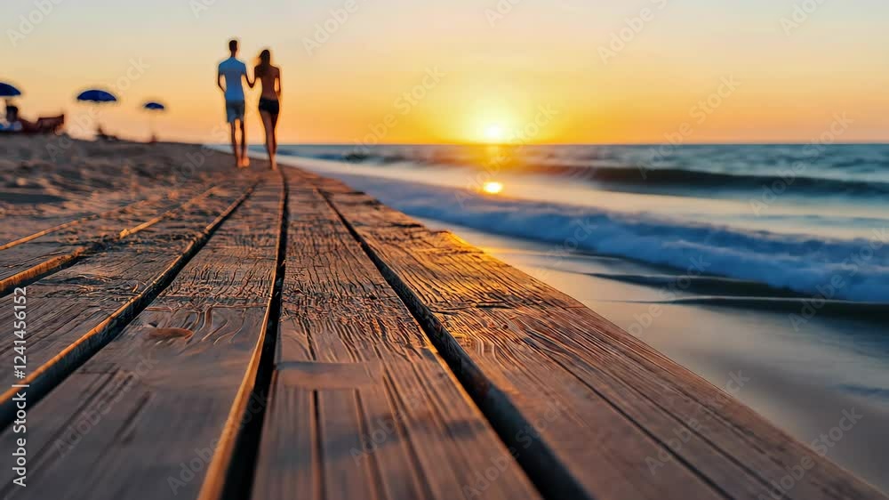 A couple walks along a wooden boardwalk by the beach at sunset, with waves gently lapping the shore and colorful skies in the background. A couple walks along a wooden boardwalk by the beach at sunset, with waves gently lapping the shore and colorful skies in the background.