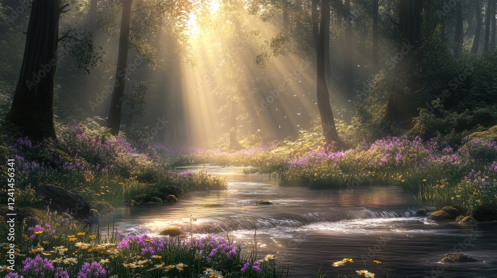 Obraz premium Enchanting Forest Landscape with Sunlight Streaming Through Trees