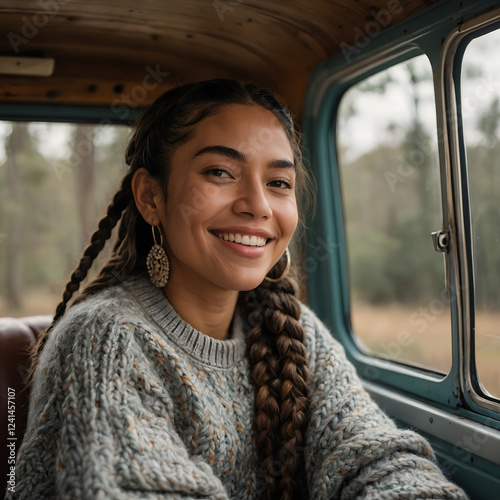 Smiling woman in knit sweater on a road trip
 photo