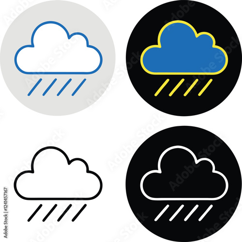 Four weather icons of a rain cloud with different color schemes.