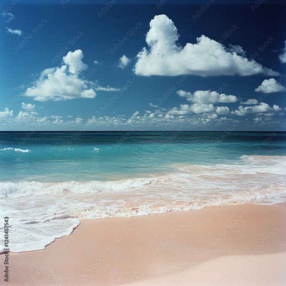 Serene pink sand beach with blue sky and scattered clouds Serene pink sand beach with blue sky and scattered clouds
