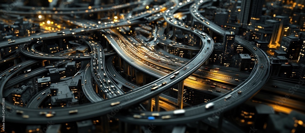 Night city highway interchange, complex network, traffic flow, urban sprawl, transportation Night city highway interchange, complex network, traffic flow, urban sprawl, transportation