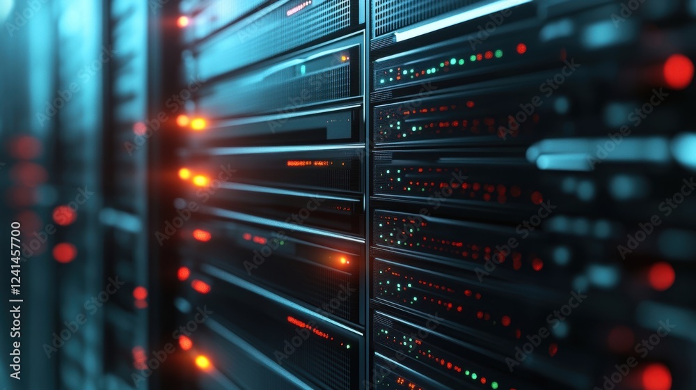 A medium closeup image highlighting a of advanced computing hardware showcasing a row of servers with LED indicators blinking. Each device is meticulously arranged emphasizing the powerful A medium closeup image highlighting a of advanced computing hardware showcasing a row of servers with LED indicators blinking. Each device is meticulously arranged emphasizing the powerful