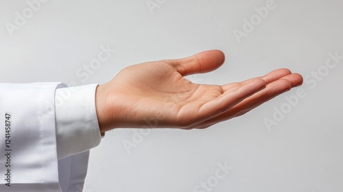 doctors hand in hospital white lab coat on white background, minimalistic