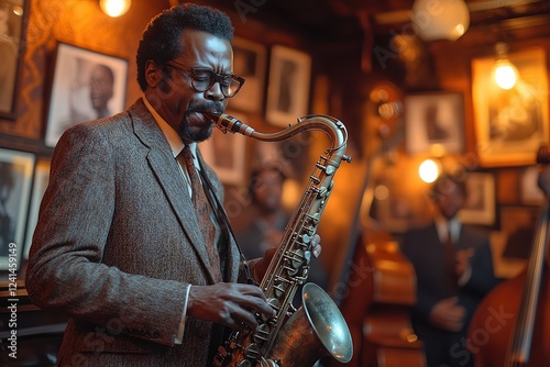  Lively jazz band performing on a warmly lit stage, with a saxophonist in a stylish suit playing a soulful melody in honor of Black musical heritage.