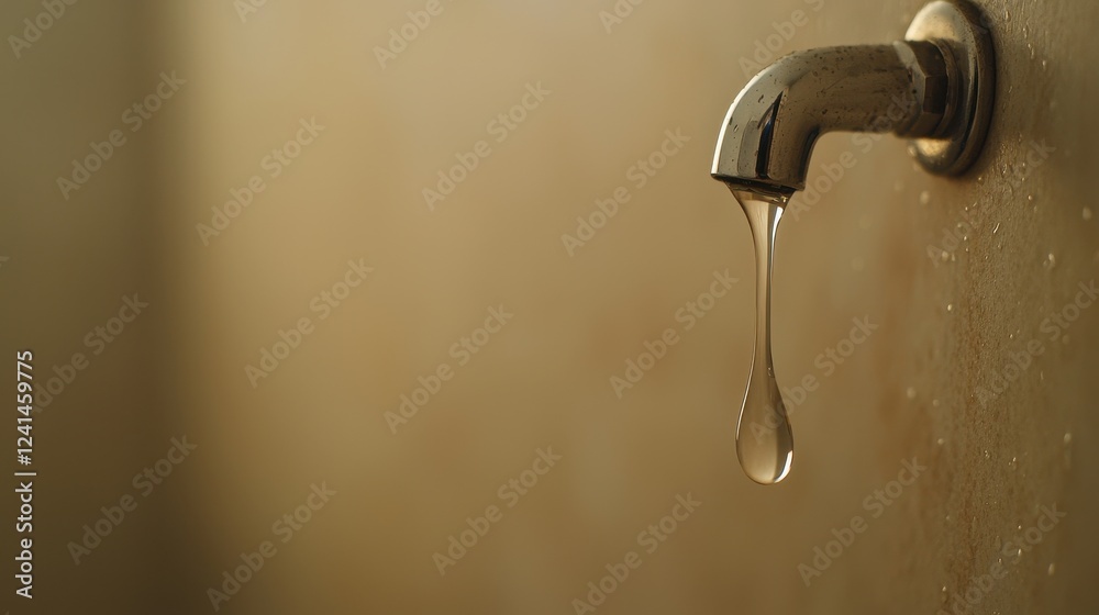 Water dripping from a faucet against a textured wall with soft lighting creating a serene and calm atmosphere Water dripping from a faucet against a textured wall with soft lighting creating a serene and calm atmosphere