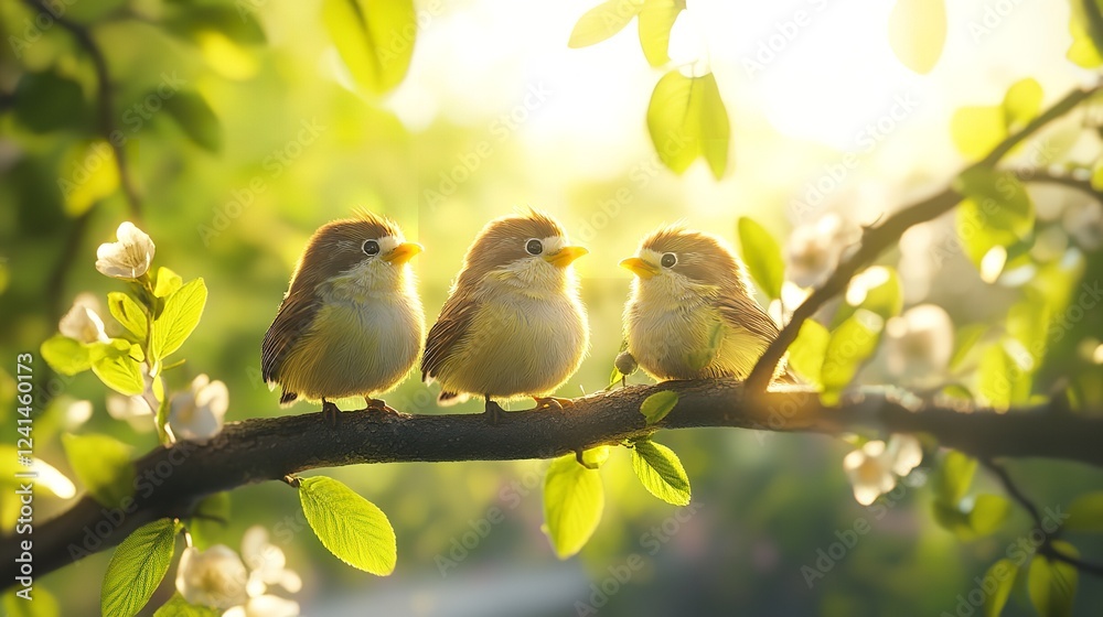 Obraz premium Three adorable birds perched on a branch in spring sunlight.