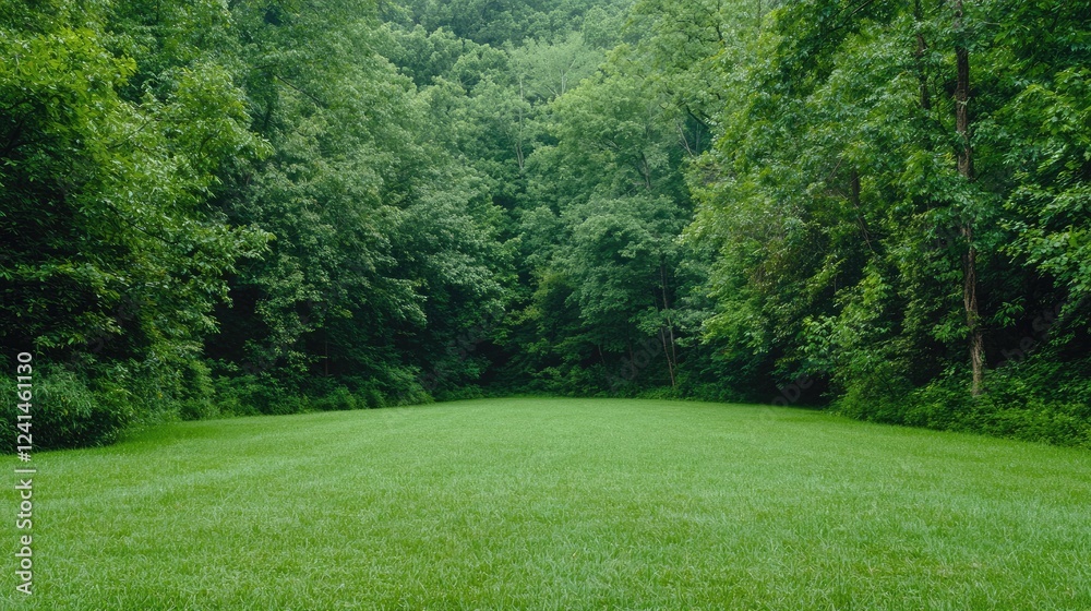 Lush green meadow nestled in a verdant forest; serene nature scene for travel brochures Lush green meadow nestled in a verdant forest; serene nature scene for travel brochures
