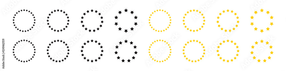 Stars of various sizes arranged in a circle. Black and gold star shape. Vector illustration Stars of various sizes arranged in a circle. Black and gold star shape. Vector illustration