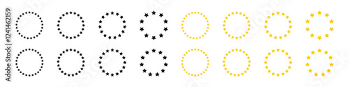 Stars of various sizes arranged in a circle. Black and gold star shape. Vector illustration
