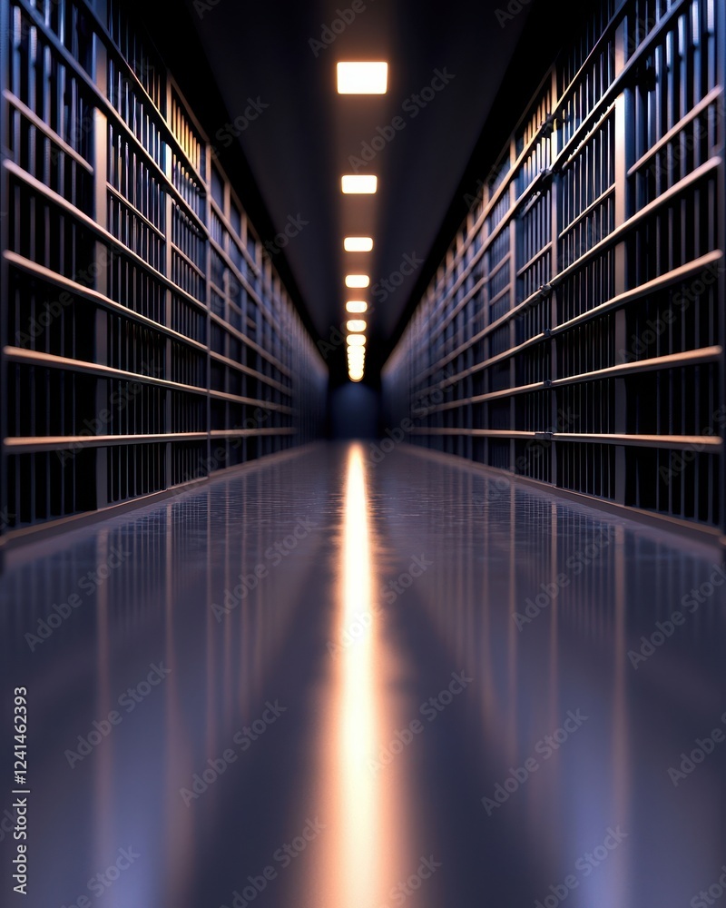 Obraz premium A dark corridor in a prison with metal bars and bright lights illuminating the path ahead.