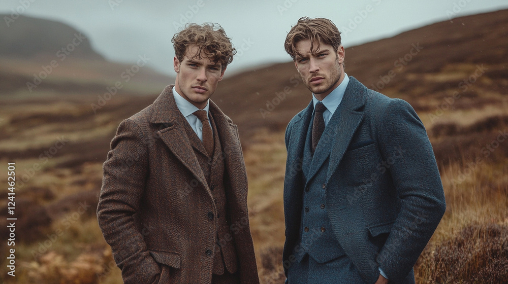 Models pose in stylish coats during a misty day in a rustic landscape reflecting vintage fashion aesthetics Models pose in stylish coats during a misty day in a rustic landscape reflecting vintage fashion aesthetics