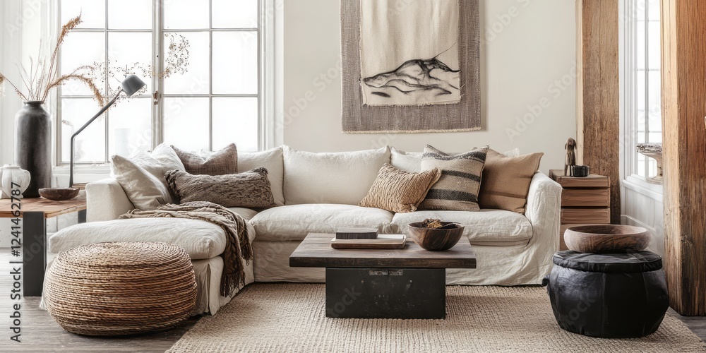 Fototapeta premium Modern Living Room Decor Featuring Neutral Tones and Textured Furnishings