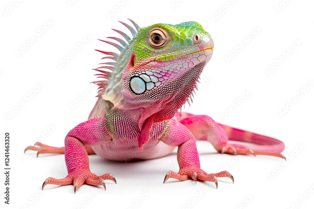Fototapeta premium Rainbow colors reptilian Iguana sitting on white backdrop