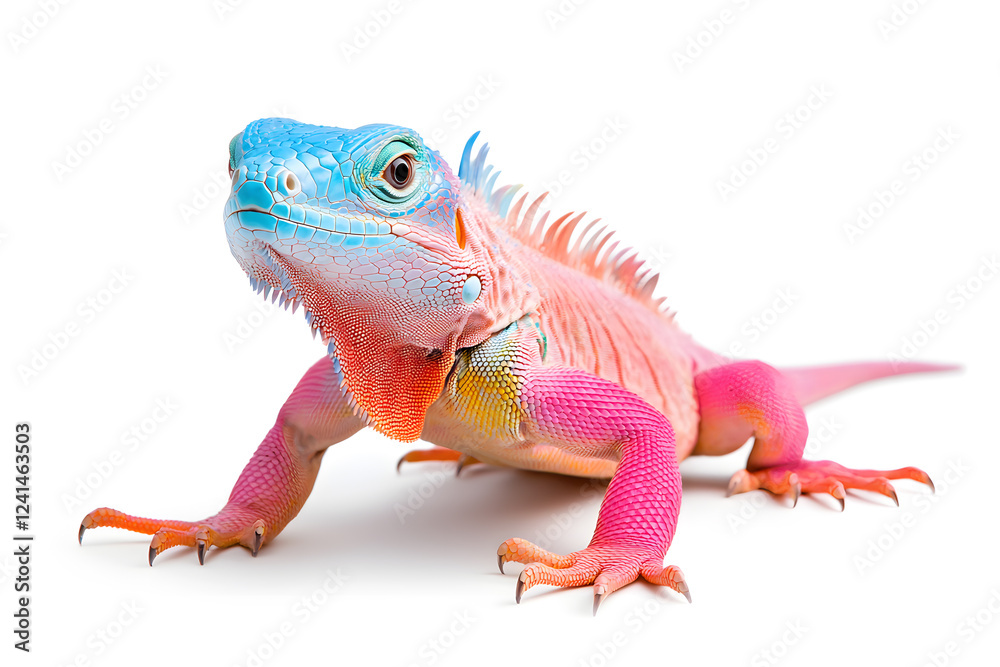 Obraz premium Rainbow colors reptilian Iguana sitting on white backdrop