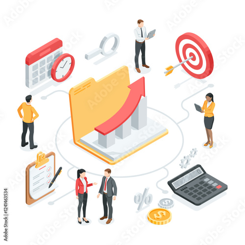 isometric vector business concept with people and icons of folder with chart and target with arrow, in color on white background, strategy for success or achieving goal