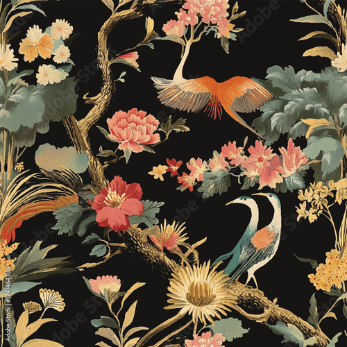 Elegant Chinoiserie Seamless Pattern Digital Paper | Vintage Floral Asian Design