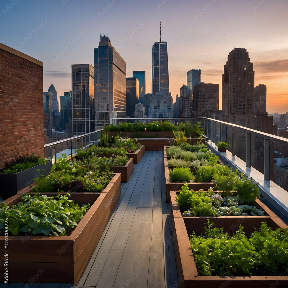 Fototapeta premium Rooftop Garden with City Skyline at Sunset 