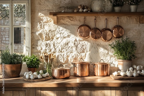  Bright, airy French kitchen with stone walls and a wooden island, showcasing a stunning collection of polished copper pots and pans reflecting morning sunlight.