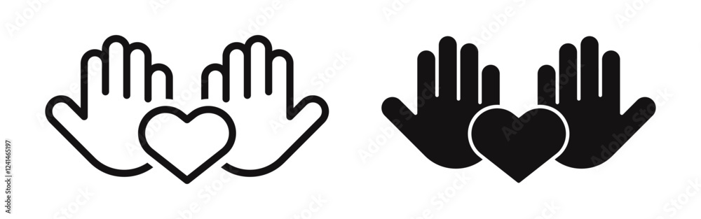 Obraz premium Heart in hand icons set. Hands holding heart symbol collection. Vector Illustration.