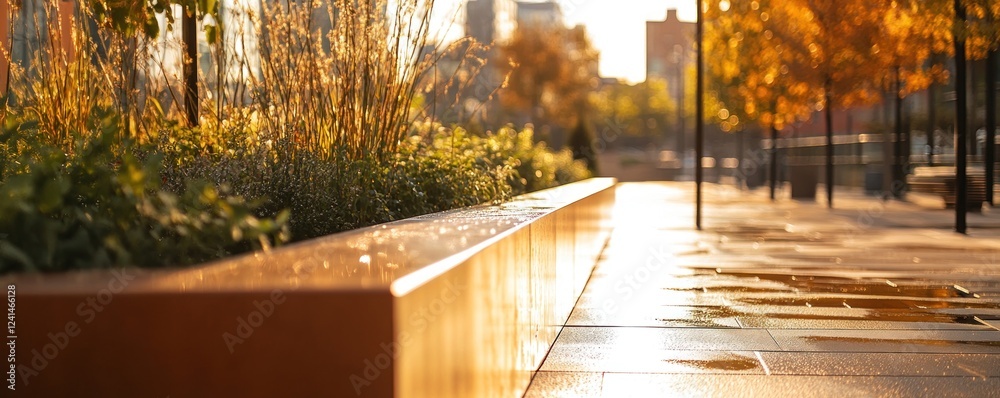 Fototapeta premium Wet urban planter, autumn sun, city backdrop, design