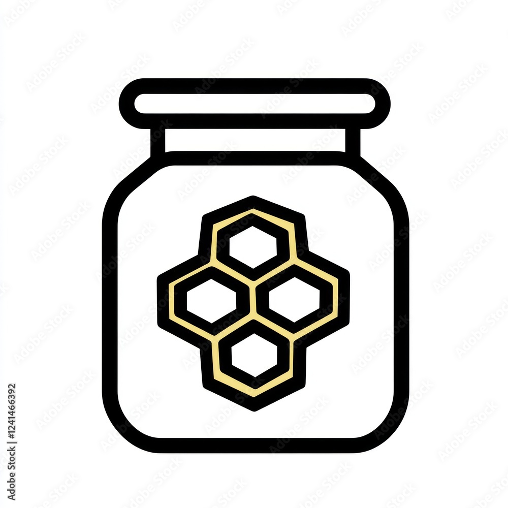 Honey jar icon; honeycomb design; white background; food label Honey jar icon; honeycomb design; white background; food label