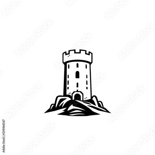Majestic Medieval Castle Tower on Hilltop: A Fortified Structure of Stone and History