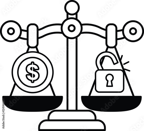 A scale with a dollar sign on one side and a lock on the other
