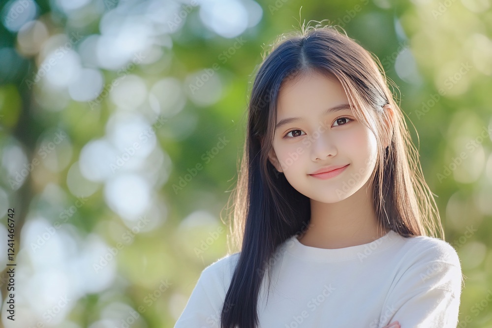 Girl smiling outdoors, green bokeh background Girl smiling outdoors, green bokeh background