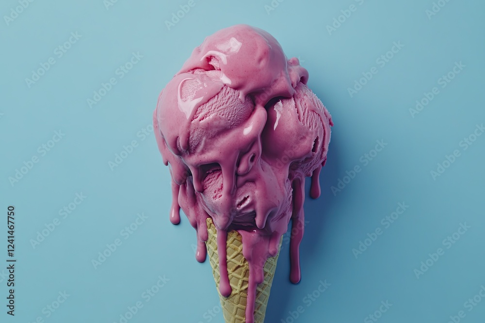 The waffle cone can't contain the melting pink ice cream as it drips down The waffle cone can't contain the melting pink ice cream as it drips down