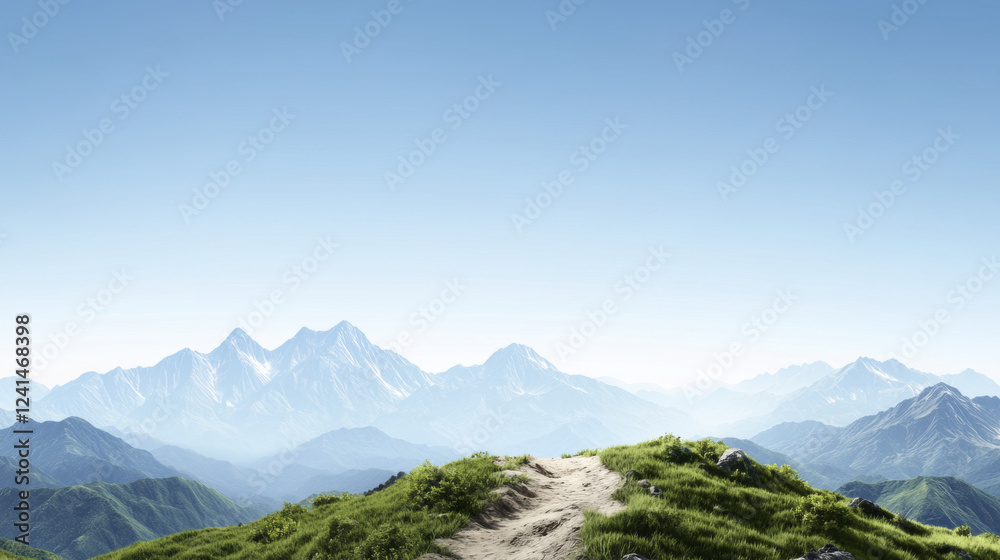 Obraz premium serene mountain landscape with lush green grass and clear blue sky. path leads towards majestic peaks, evoking sense of tranquility and adventure