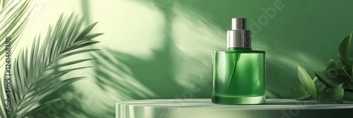 Elegant Green Perfume Bottle with Natural Leaves