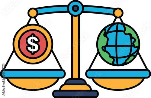 A scale with a dollar sign on one side and a globe on the other