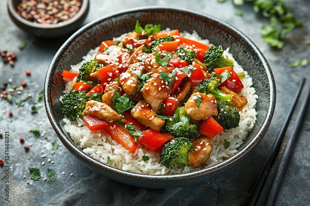 Quick and healthy stir-fried chicken tossed with colorful bell peppers, broccoli, and carrots in a savory soy-ginger sauce. Quick and healthy stir-fried chicken tossed with colorful bell peppers, broccoli, and carrots in a savory soy-ginger sauce.