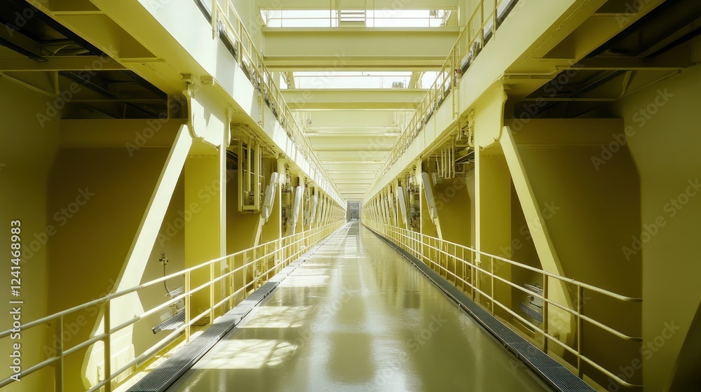 Fototapeta premium Yellow industrial walkway, power plant interior, sunlight, machinery, engineering