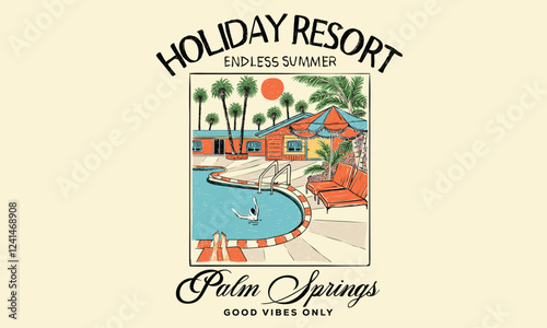Holiday resort design. Palm tree with swimming pool colorful retro print artwork. Palm springs watercolor graphic print design for t shirt print, poster, sticker, background and other uses.