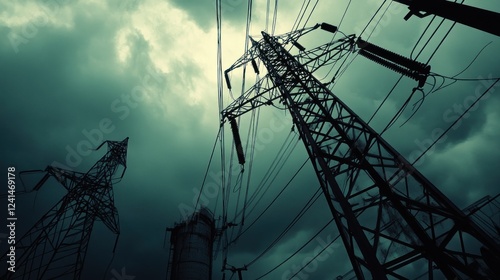Stormy sky over power lines, industrial background, energy transmission