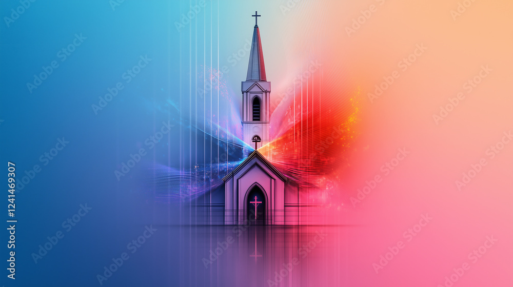 Gradient dots and digital wavy lines create church buildings and digital wavy lines around them, background, graphic materials, future of church Gradient dots and digital wavy lines create church buildings and digital wavy lines around them, background, graphic materials, future of church