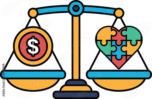 A scale with a dollar sign on one side and a puzzle piece on the other